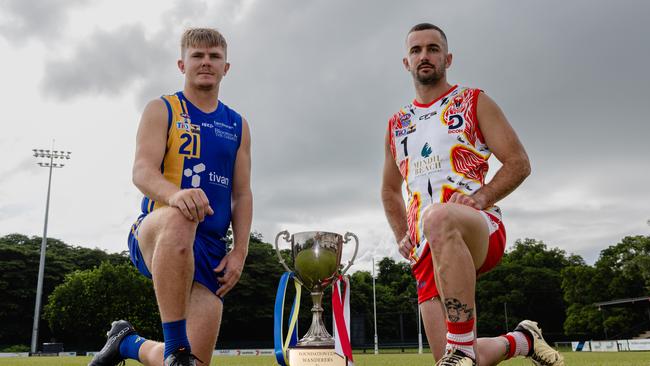 Wanderers Jeremy Piercy and Waratah Dylan Collis ahead of the 2024-25 NTFL Foundation Cup in Round 15. Picture: Pema Tamang Pakhrin