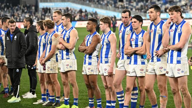 Kangaroos players after the Round 16 loss to the Cats. Picture: Morgan Hancock/Getty Images