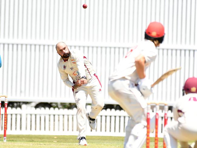 Toombul bowler Preston WhiteFirst grade mens cricket between the Sunshine Coast and Toombul.Saturday October 21, 2023. Picture, John Gass