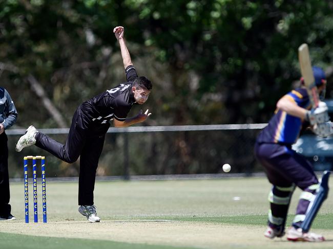 Premier Cricket: Ringwood versus Camberwell Magpies at Russell Lucas Oval, Jubilee Park, Ringwood. Magpie bowler Hodge (19).