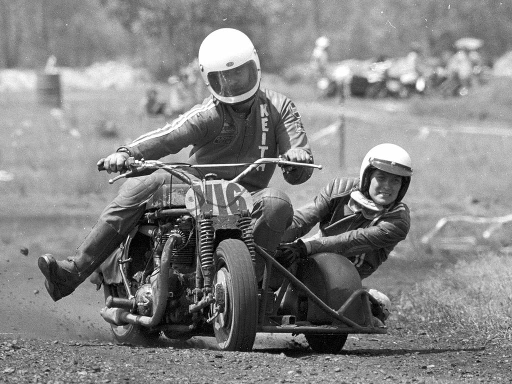 1975 - Georgina Reeve rides sidecar with Keith Fraser at the Tivoli race circuit. Picture: Mike Moores