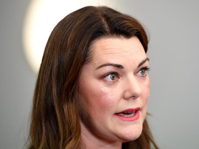 CANBERRA, AUSTRALIA - NOVEMBER 25: Senator Sarah Hanson-Young reacts during a press conference after winning her defamation case against against former Senator David Leyonhjelm today in the Senate at Parliament House on November 25, 2019 in Canberra, Australia. Australian spy agency ASIO is investigating reports China tried to plant an operative as an MP in a seat in Federal Parliament. Fairfax Media and Channel Nine's 60 Minutes reported over the weekend that Chinese intelligence agents offered a million dollars to pay for the political campaign of Liberal Party member Bo Nick Zhao, to run for a Melbourne seat. Nick Zhao was found dead in a Melbourne hotel room shortly after approaching ASIO about the offer, with his cause of death still unknown. (Photo by Tracey Nearmy/Getty Images)