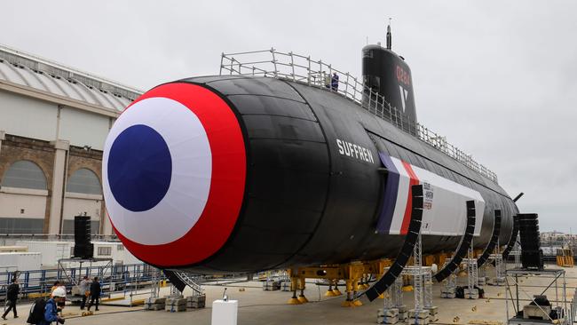 A new nuclear submarine called "Suffren" in the Naval Group shipyard in Cherbourg, north-western France, ahead of its unveiling ceremony. Picture: AFP