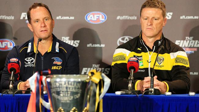 Crows coach Don Pyke and Tigers coach Damien Hardwick at the Grand Final parade on Friday. Picture: Mark Stewart