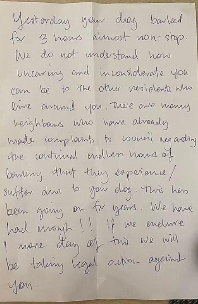 The anonymous letter a woman in the Blue Mountains received about her dog's barking. Picture: Facebook