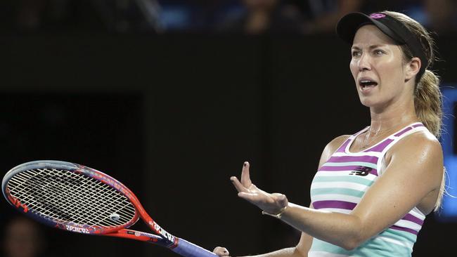 United States' Danielle Collins gestures as she questions a call from chair umpire Carlos Ramos