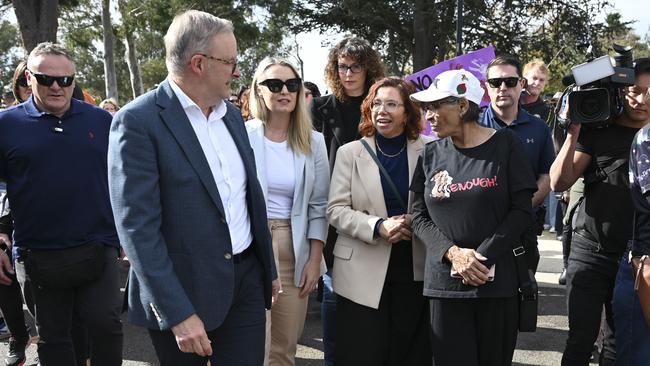 Prime Minister Anthony Albanese and Jodie Haydon attend the No More! National Rally Against Violence march in Canberra. Picture: NCA NewsWire / Martin Ollman