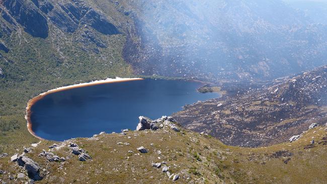 The fire has scorched the area on the edge of Lake Rhona. Picture: SUPPLIED/Seven Tasmania