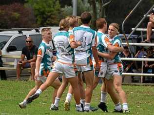 Sawtell Panther Jacob Conlan is congratulated by his East Coast Dolphins teammates after scoring the opening try of the CRL under-18s Country Championships match against the Central Coast. 4 March 2017 rugby league Geoff King Motors Park Photo: Brad Greenshields/Coffs Coast Advocate. Picture: Brad Greenshields