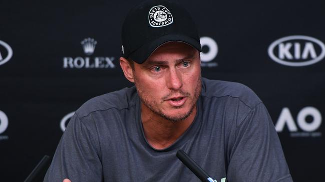 Lleyton Hewitt speaks to the media during a press conference on day four of the Australian Open tennis tournament. Picture: AAP