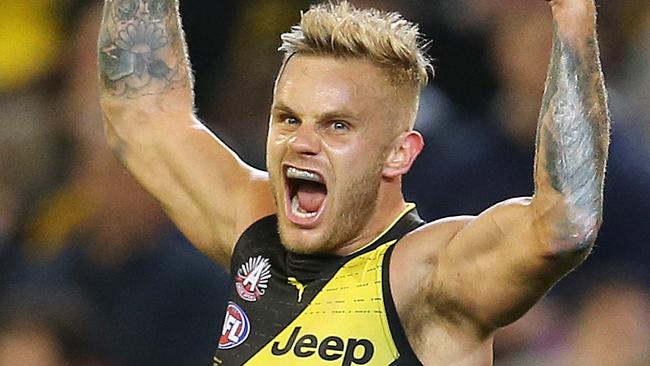 AFL Round 6. 24/04/2019. Richmond v Melbourne at the MCG.  Richmonds Brandon Ellis  celebrates a goal in the 4th qtr     . Pic: Michael Klein.