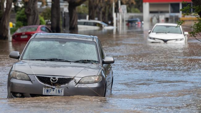 Cars in floodwater on Navigator St in Maribyrnong. Picture: Tony Gough