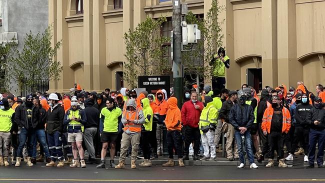 Construction workers prepare to protest against the CFMEU and the construction industry shutdown on Tuesday. Picture: Alex Coppel