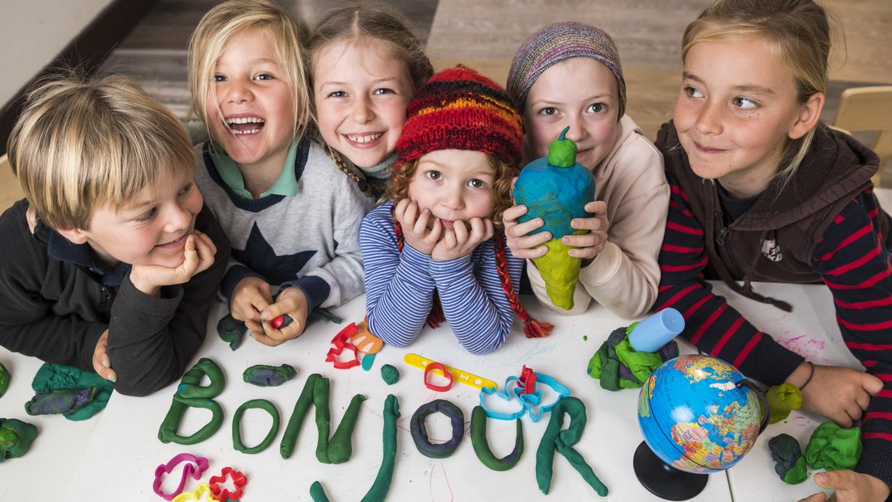 Bonjour Toowoomba French immersion class students (from left) Reuben Maddon, Ethan Maddon, Ruby-Jean Phillips, Florian Phillips, Rosa-Mae Phillips and David Maddon enjoying their morning French class. Picture: Kevin Farmer