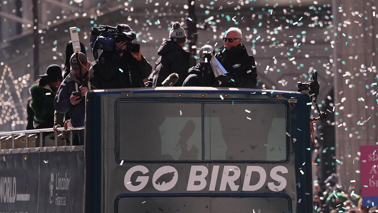 Philadelphia Eagles owner Jeffrey Lurie holds the Vince Lombardi Trophy during the parade. Picture: Mitchell Leff /Getty