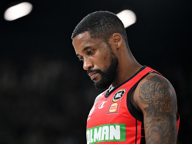 HOBART, AUSTRALIA - OCTOBER 06: Bryce Cotton of the Wildcats looks dejected during the round three NBL match between Tasmania Jackjumpers and Perth Wildcats at MyState Bank Arena, on October 06, 2024, in Hobart, Australia. (Photo by Steve Bell/Getty Images)