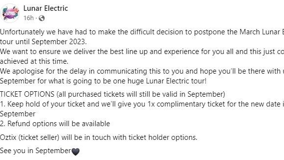 A post to the Lunar Electric Festival Facebook page.