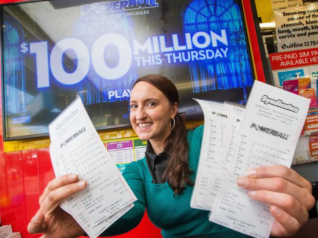 Rachael Serafin, from Highdale Newsagency in Melbourne’s  Armadale, is certain she's going to sell the winning ticket. Picture: Mark Stewart