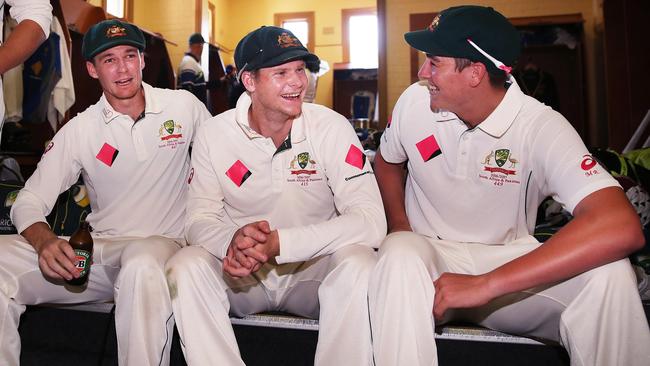 Australia captain Steve Smith with his new star players Peter Handscomb and Matt Renshaw. Picture: Phil Hillyard