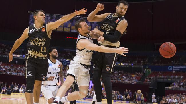 United star Mitch McCarron under pressure from Kings marquee Andrew Bogut. Picture: AAP