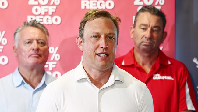 Member for Cairns Michael Healy, Queensland Premier Steven Miles and Member for Barron River Craig Crawford at a recent press conference in Cairns. Picture: Brendan Radke