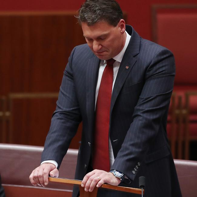 Senator Cory Bernardi gets emotional as he delivers his valedictory speech in the Senate chamber in Canberra in December. Picture Kym Smith