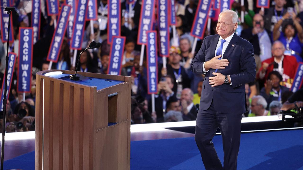 Minnesota Governor and 2024 Democratic vice presidential candidate Tim Walz arrives to speak. Picture: AFP.