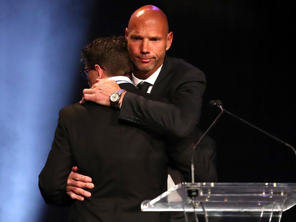 Tribute to Danny Frawley from former teammates Stewart Loewe (L) and Robert Harvey during the St Kilda Saints AFL best &amp; fairest at Crown Palladium on September 11, 2019 in Melbourne, Australia. Picture: Kelly Defina/Getty Images