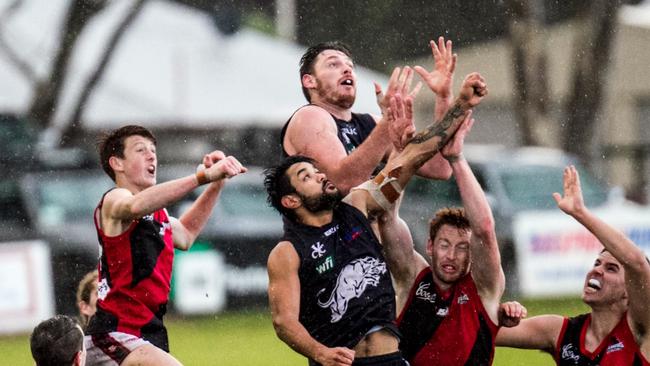 Central Yorke star Luke Trenorden takes flight. Picture: SANFL