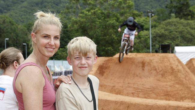 Australia's first Crankworx mountain bike festival has begun, with a 5 day event being held at the Smithfield Mountain Bike Park. Erin Vicary took her bike loving son James Vicary, 12, to Crankworx as his birthday present. Picture: Brendan Radke