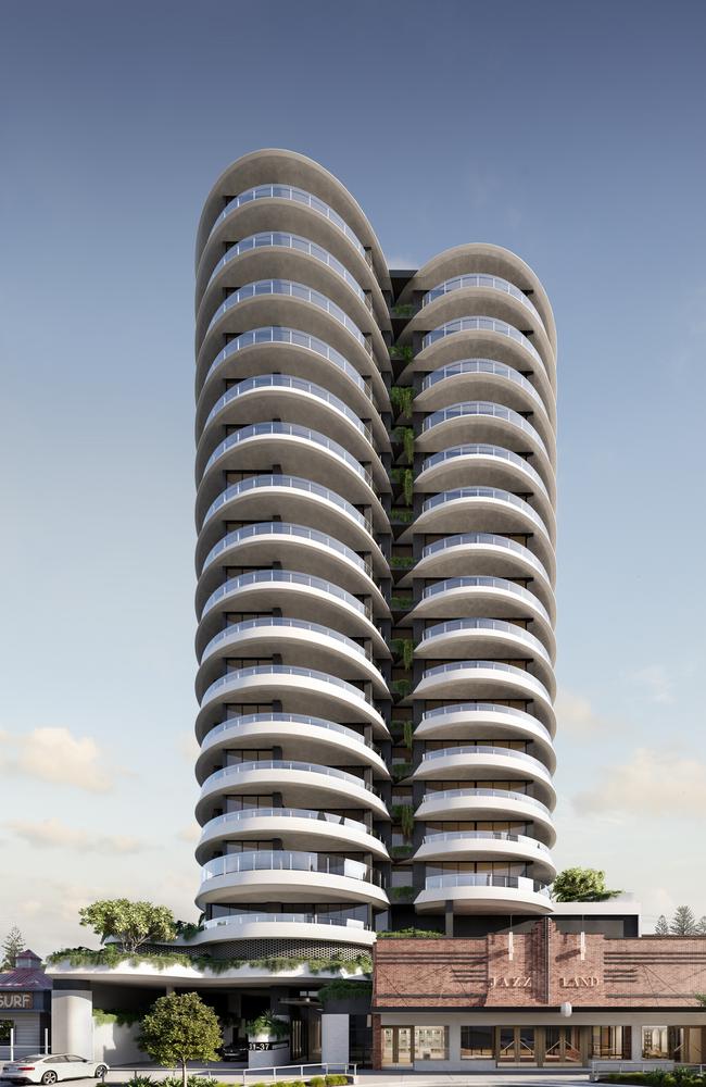 Artist impression of BeckDev's revamped Jazzland Tower development which is planned for a McLean Street site in Coolangatta. Picture: Supplied