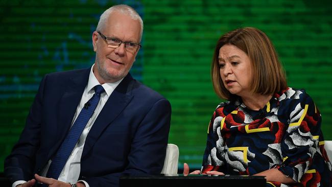 Former ABC managing director Michelle Guthrie (right) and ABC Chairman Justin Milne during the ABC Annual Public Meeting in Ultimo, Sydney, in February.