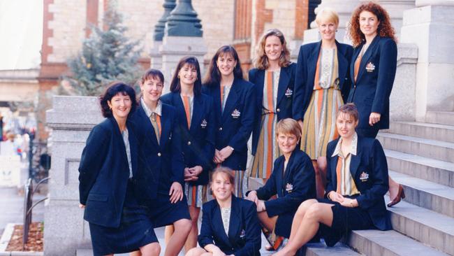 Australian netball team (standing from left) Vicki Wilson, Liz Ellis, Kathryn Harby, Carissa Dalwood, Simone McKinnis, Nicole Cusack and Marianne Murphy and (seated from left) Shelley O'Donnell, Michelle Fielke and Jennifer Borlase wearing their new uniforms on the steps of Parliament House 12 Jul 1994. They are in Adelaide for the first of the four-Test Milo Cup against Trinidad and Tobago.