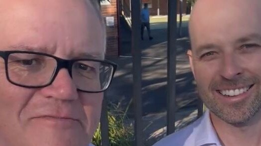 Former Prime Minister Scott Morrison with Liberal candidate for Morrisons seat of Cook, Simon Kennedy at Lilli Pilli school poling station this morning. Picture: X