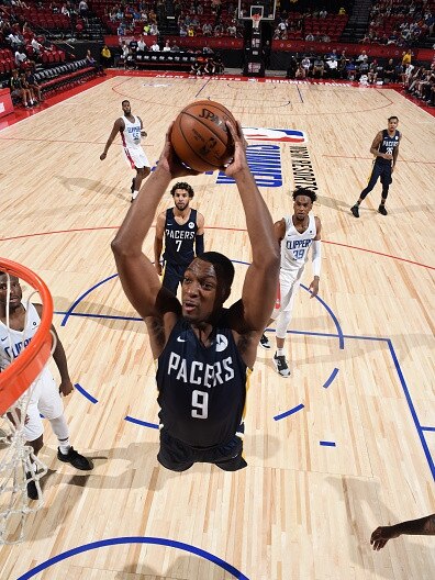 MiKyle McIntosh #9 of the Indiana Pacers dunks the ball against the LA Clippers on July 12, 2019 (Photo by Garrett Ellwood/NBAE via Getty Images)