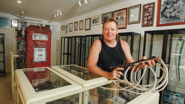 Mick Denigan is preparing to open his Whip Museum and World Wide Whip Crackers Club on Wednesday. Picture GLENN CAMPBELL