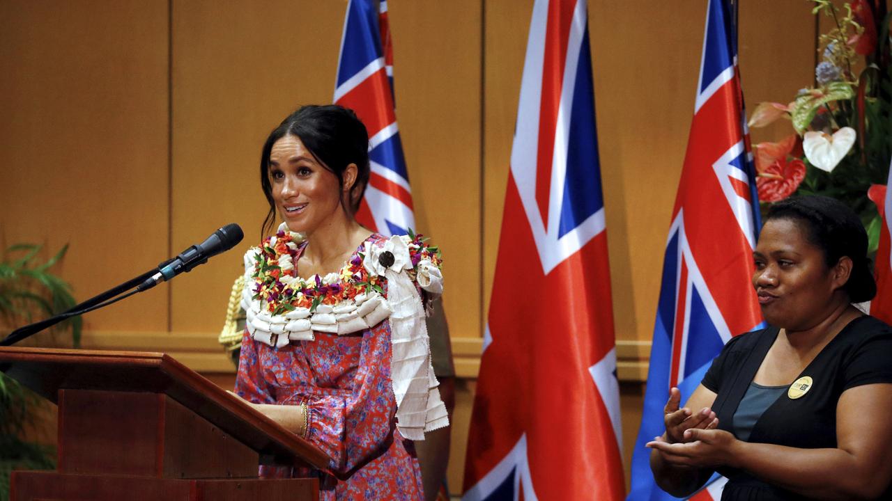 Meghan, Duchess of Sussex delivers a speech at the University of the South Pacific in Suva, Fiji.