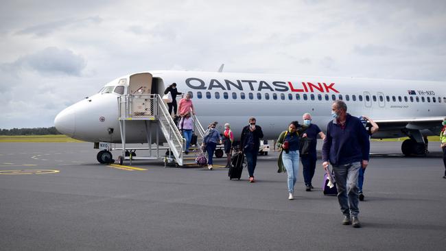 The first Qantas aircraft to land at Coffs Harbour Airport direct from Melbourne was given a 'water arch' welcome on April 1, 2021.