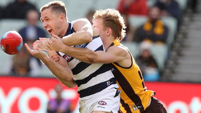 James Worpel’s clash with Joel Selwood last year announced the young Hawk as an AFL player. Picture: Michael Klein.