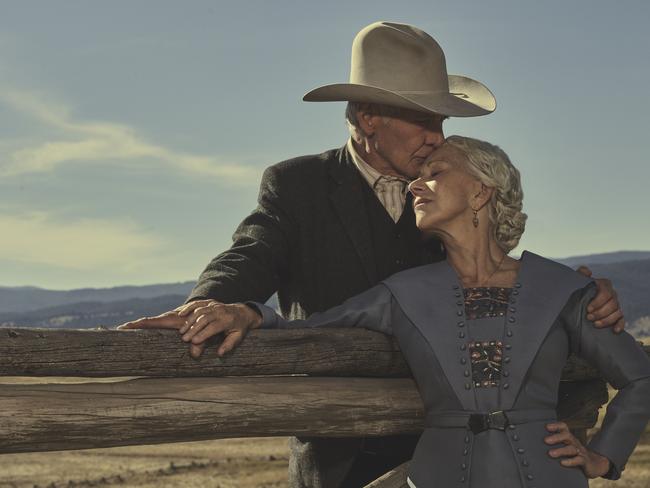 Harrison Ford as Jacob Dutton and Helen MIrren as Cara Dutton in 1923 streaming on Paramount+ 2022. Photo Credit: James Minchin III/Paramount+