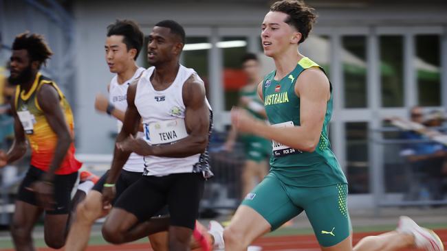 SUVA, FIJI  June 4, 2024.  Oceania Athletics Championships at HFC Bank Stadium, Suva.  Mens 100 mtr heats.  Australian sprinter Sebastian Sultana on his way to easily winning his heat    . Pic: Michael Klein