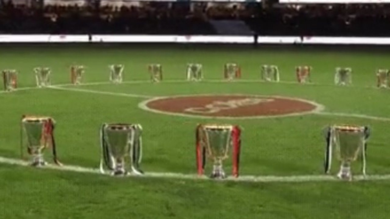 Carlton and Essendon's premiership cups on the MCG turf. Photo: Twitter.