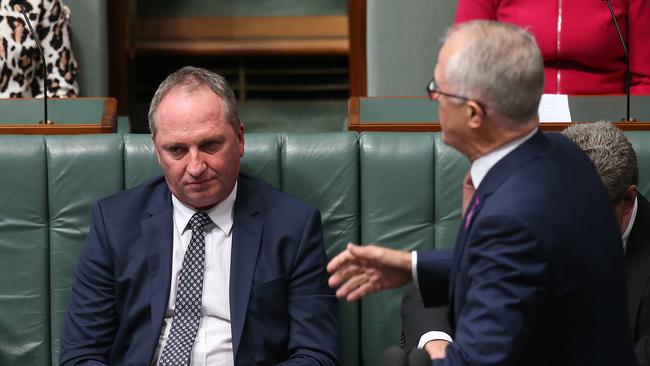 PM Malcolm Turnbull and Mr Joyce in Question Time. Picture: Kym Smith