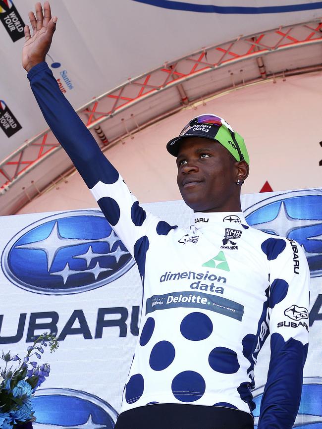 Dimension Data’s Nicholas Dlamini on the podium with the King of the Mountain jersey. Picture: Sarah Reed