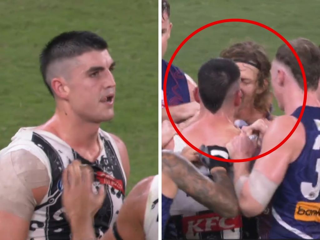 Brayden Maynard in the scuffle against the Dockers. Photos: Fox Sports