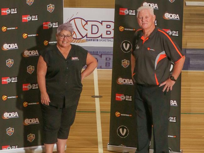 Darwin Basketball Association executive officer Kerri Savidge with Basketball NT boss John Mitchell. Picture: Glenn Campbell.