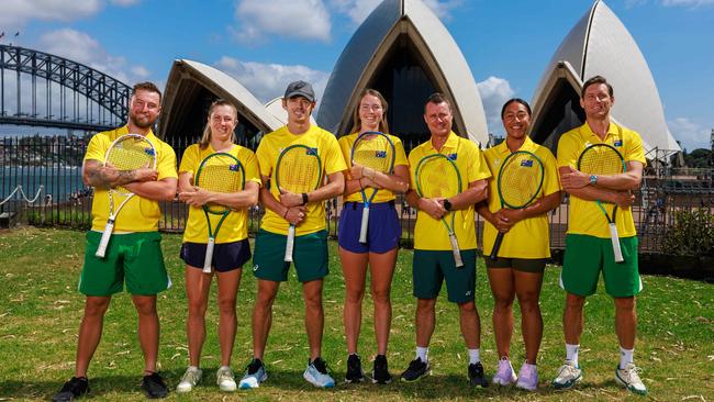 Destanee Aiava, second right, with Australia’s United Cup team Picture: Justin Lloyd.