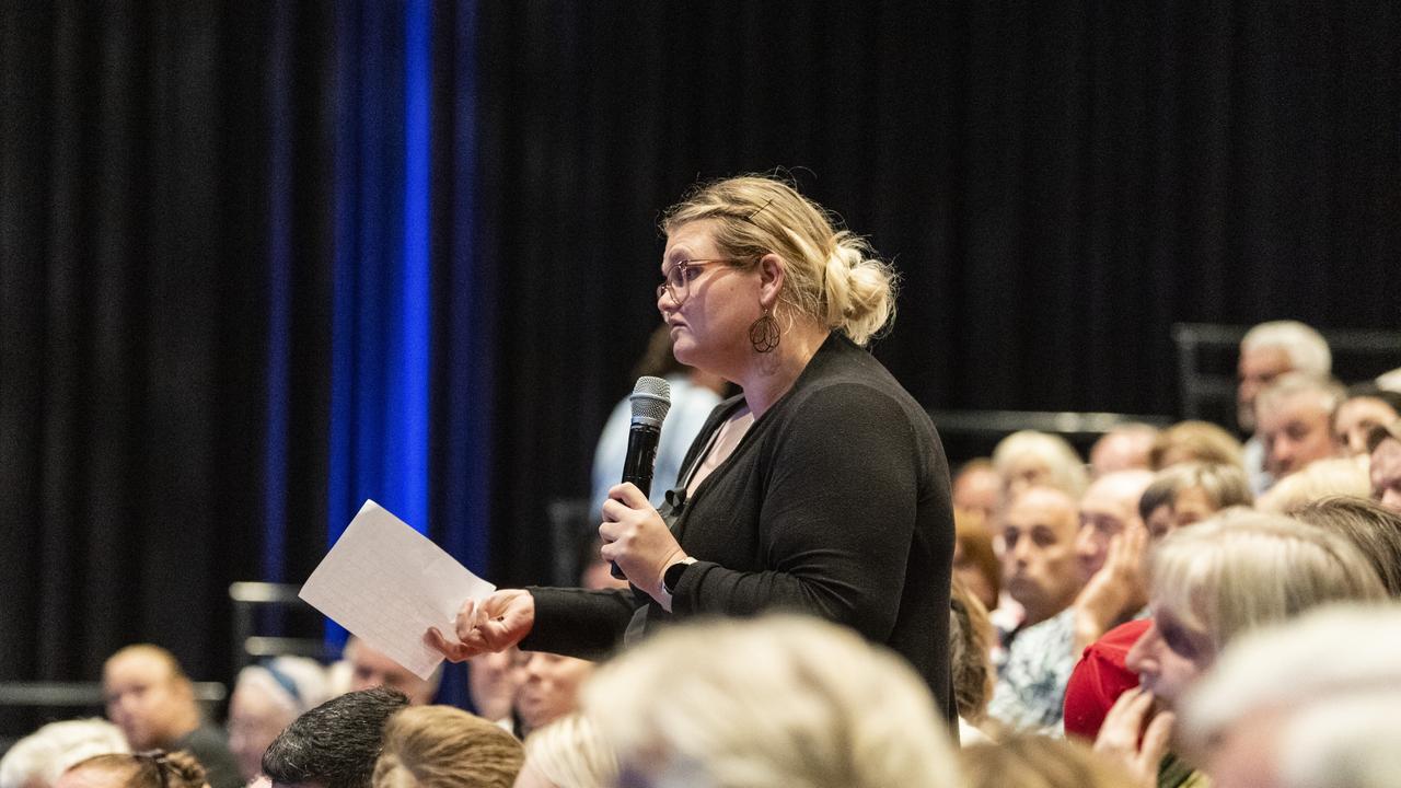 Melissa Carter asks a question about electronic monitoring devices for repeat youth offenders at the Toowoomba Community Safety Forum at Empire Theatre. Picture: Kevin Farmer