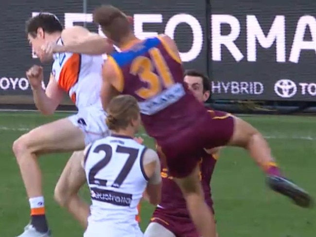 Greater Western Sydney's Jeremy Cameron elbows Brisbane's Harris Andrews