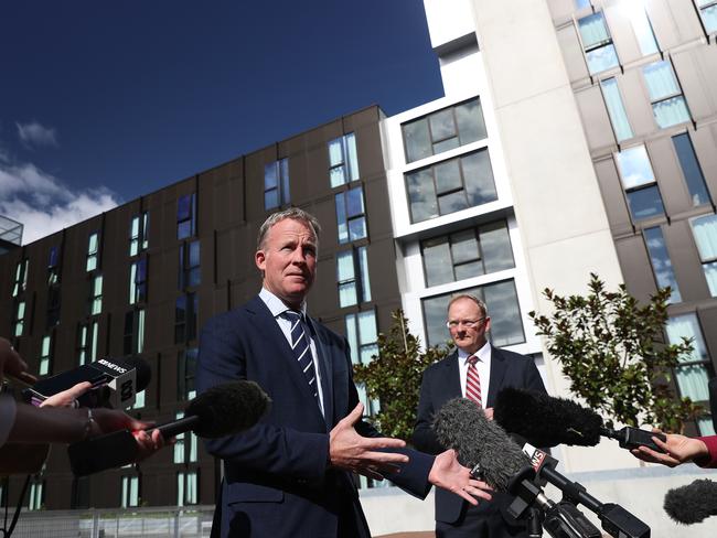 Premier Will Hodgman, left, and Housing Minister Roger Jaensch at today’s UTAS announcement. Picture: LUKE BOWDEN